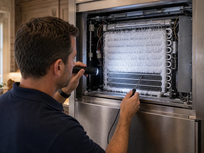 Technician checking frost pattern on the evaporator coil of a Sub-Zero BI-36U in a Glen Kernan kitchen