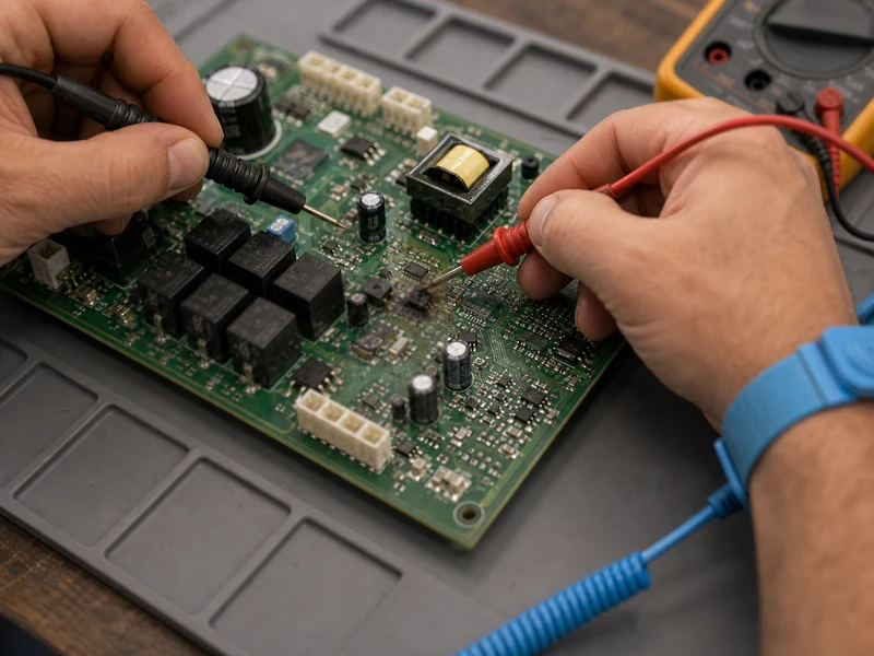 Multimeter test points on a surge-damaged Sub-Zero BI-series control board at the bench