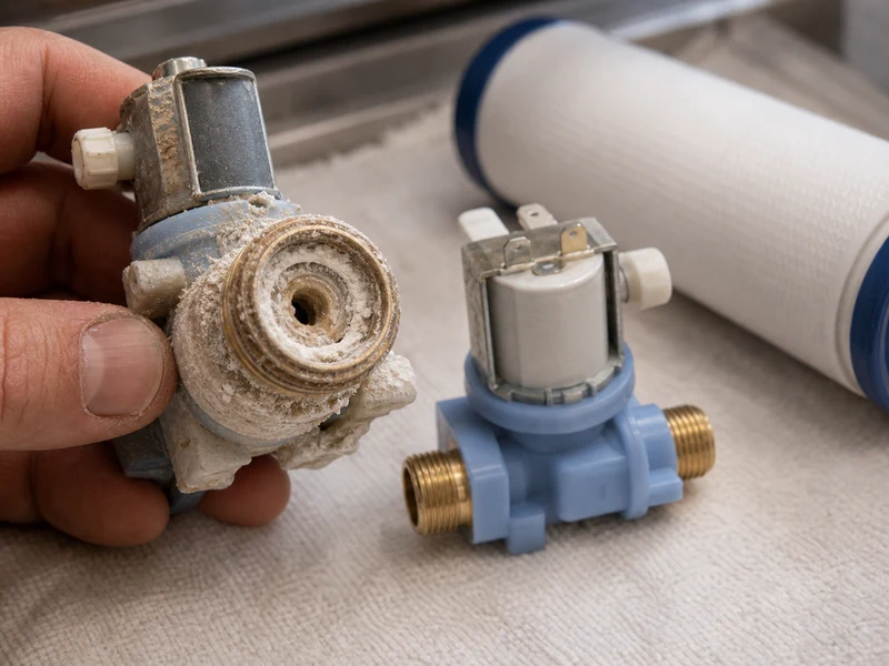 Cutaway of a Sub-Zero water inlet valve showing mineral scale narrowing the port after years on hard Jacksonville water