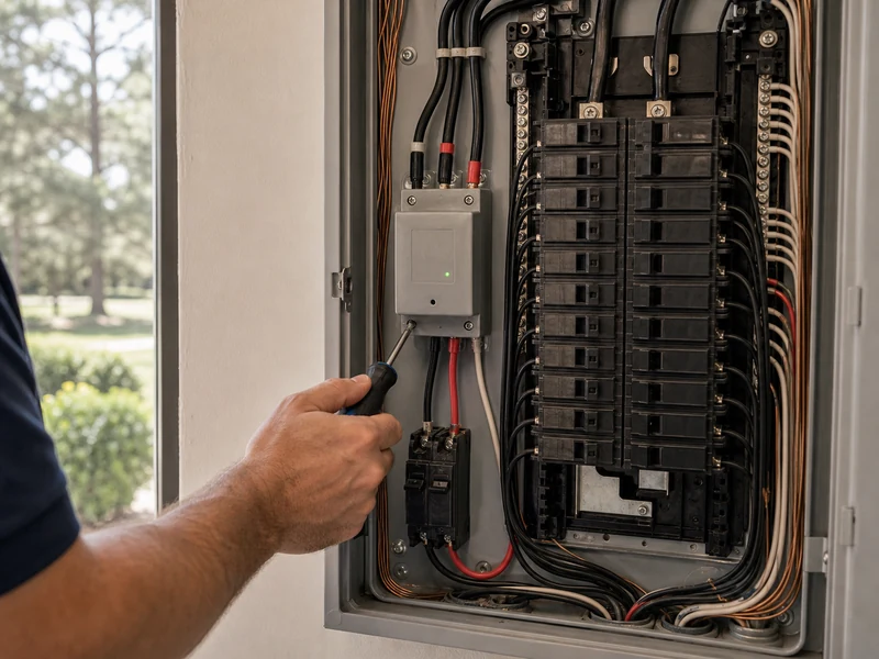 Whole-home surge arrester mounted at a residential electrical panel protecting a Sub-Zero in a Deerwood home